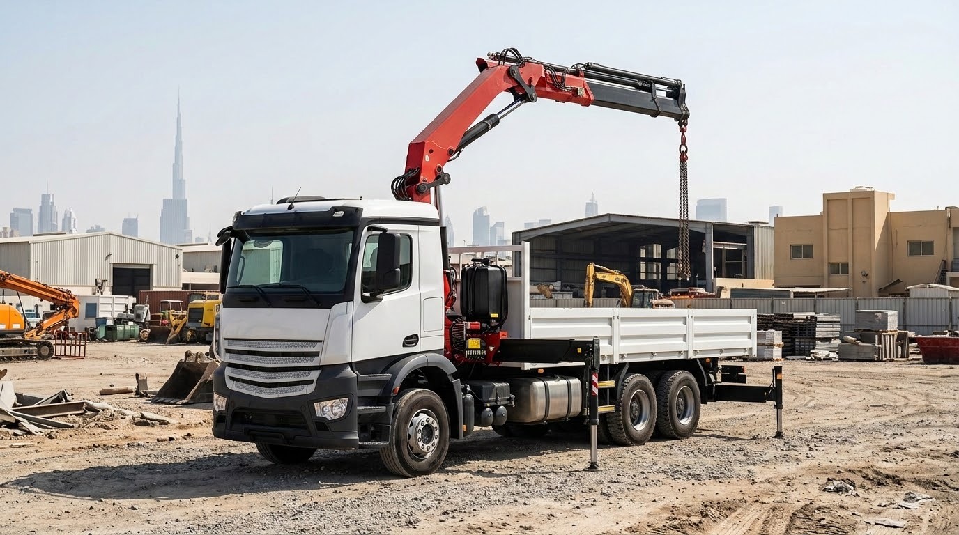hiab truck mounted hydraulic knuckle boom crane parked at an active industrial construction site in al quoz