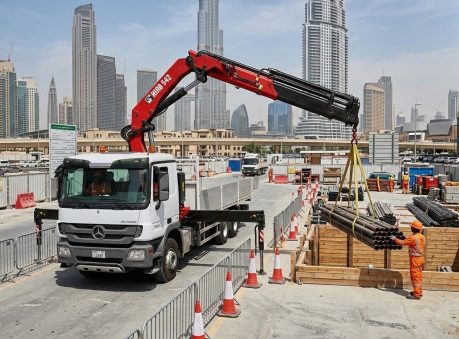 hiab truck at downtown dubai delivery site