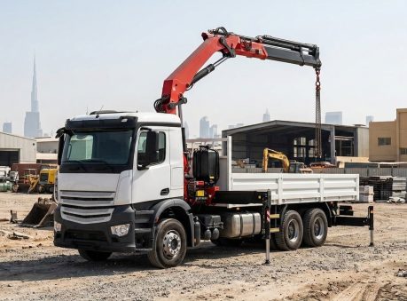 hiab truck mounted hydraulic knuckle boom crane parked at an active industrial construction site in al quoz