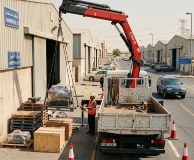 pickup + lift + delivery — one trip hiab truck al quoz
