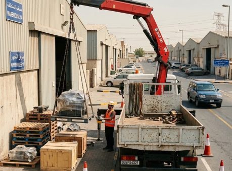 pickup + lift + delivery — one trip hiab truck al quoz